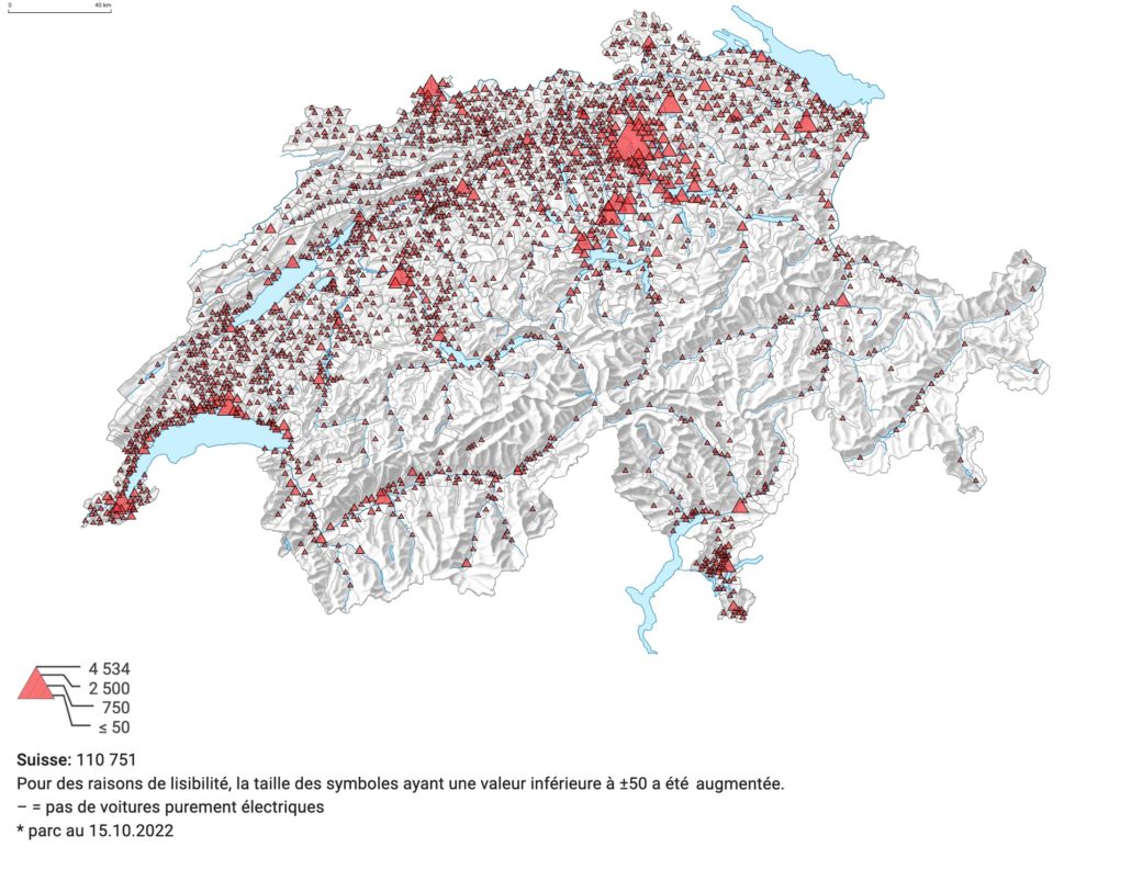 Carte de la suisse avec mise en avant du nombre de voitures de tourisme purement électriques