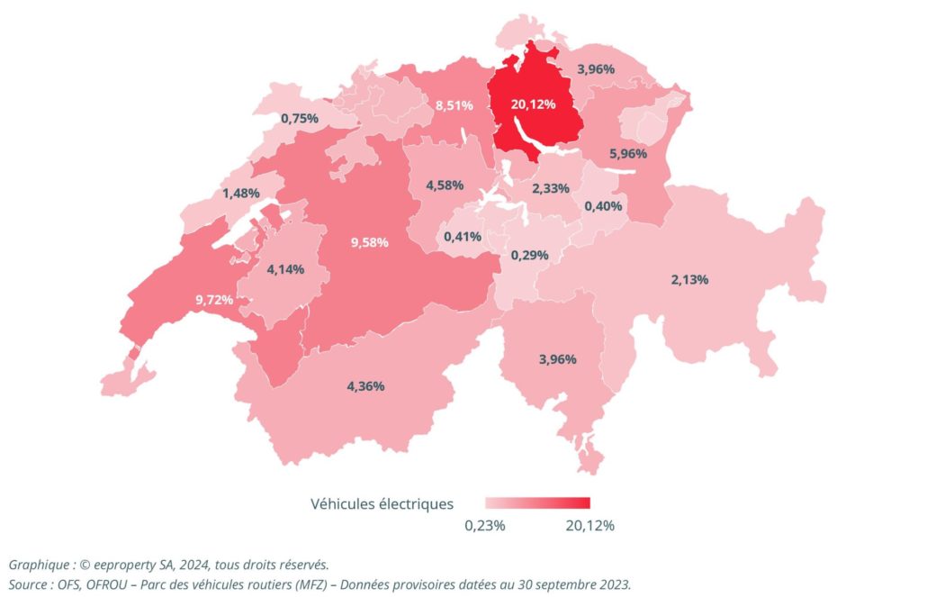 Répartition actuelle des véhicules électriques en Suisse selon le canton